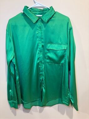 Timing Green Satin Button-Up Blouse